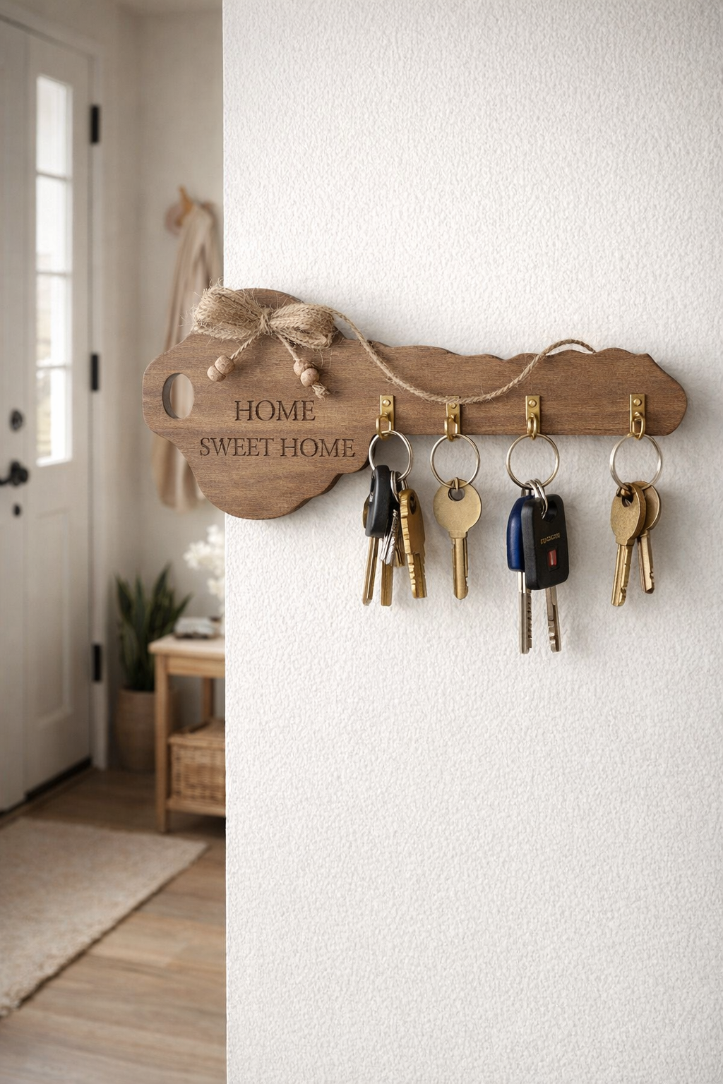 Rustic Wooden “Home Sweet Home” Key Holder – Wall Organizer