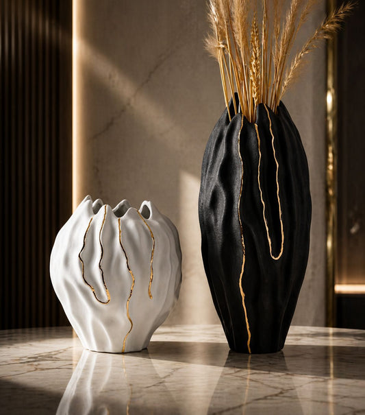 Luxury Black & White Sculptural Ceramic Vase Set – Modern Home Decor
