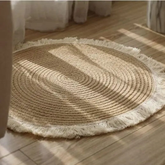 Natural Jute Round Rug with Fringe – Boho Home Decor Carpet