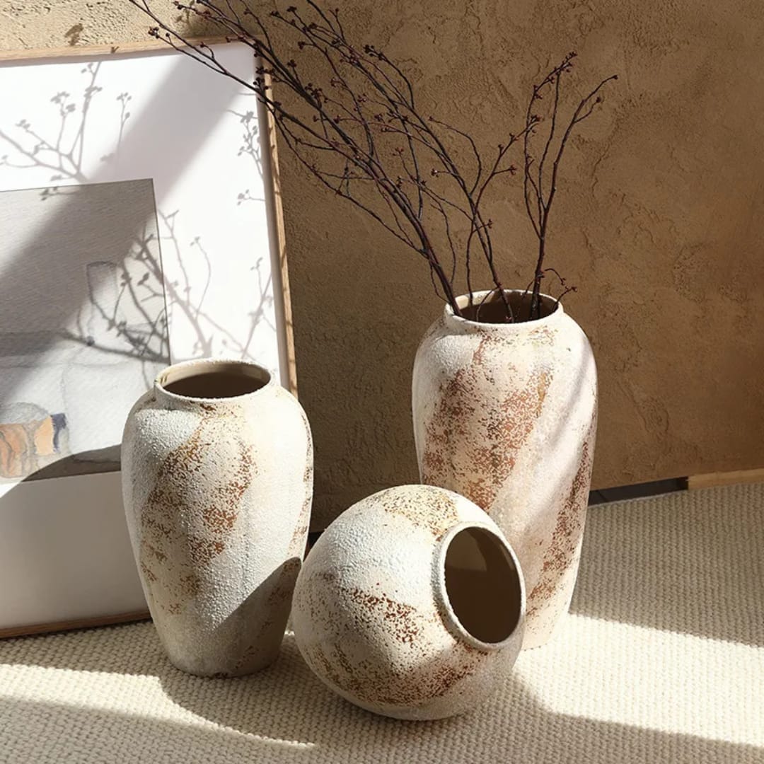 Rustic Textured Ceramic Vase Set – Modern Decorative Home Decor
