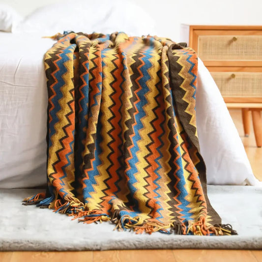 Boho Zigzag Pattern Throw Blanket with Tassels – Decorative Sofa Throw