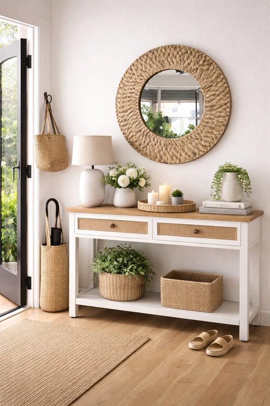 Handmade Water Hyacinth Round Mirror – Boho Natural Wall Decor