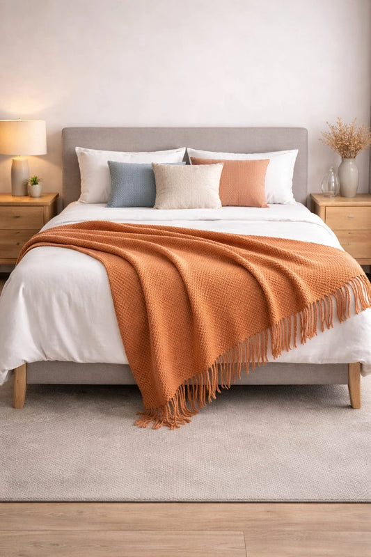 Rust Knit Decorative Throw Blanket with Tassels – Cozy Sofa Throw