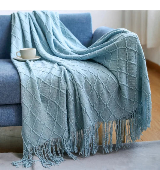 Diamond Knit Decorative Throw Blanket with Tassels