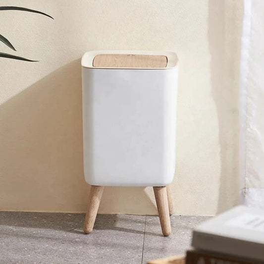 Nordic Style Covered Waste Bin with Wooden Lid & Stand – Home Organizer
