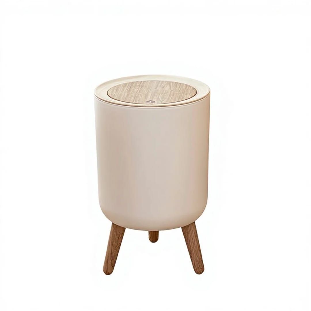Nordic Round Covered Waste Bin with Wooden Legs – Modern Home Organizer