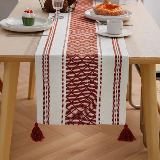 Boho Tassel Table Runner – Red Pattern Dining Table Decor