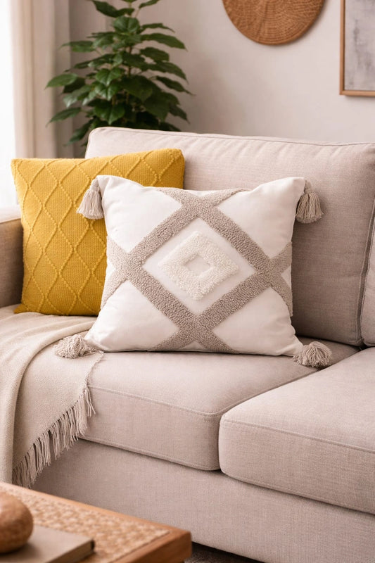 Mustard Tufted Decorative Throw Pillow Cover with Tassels – Modern Accent Cushion