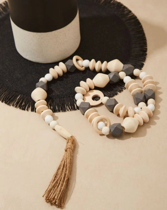 Wooden Bead Tassel Decor – Neutral Boho Table Styling