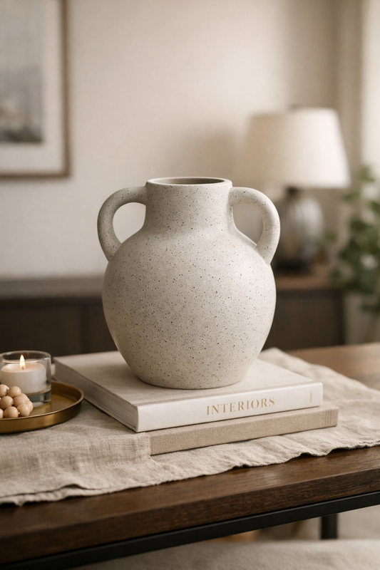 Rustic Speckled Ceramic Handle Vase – Modern Farmhouse Decorative Vase