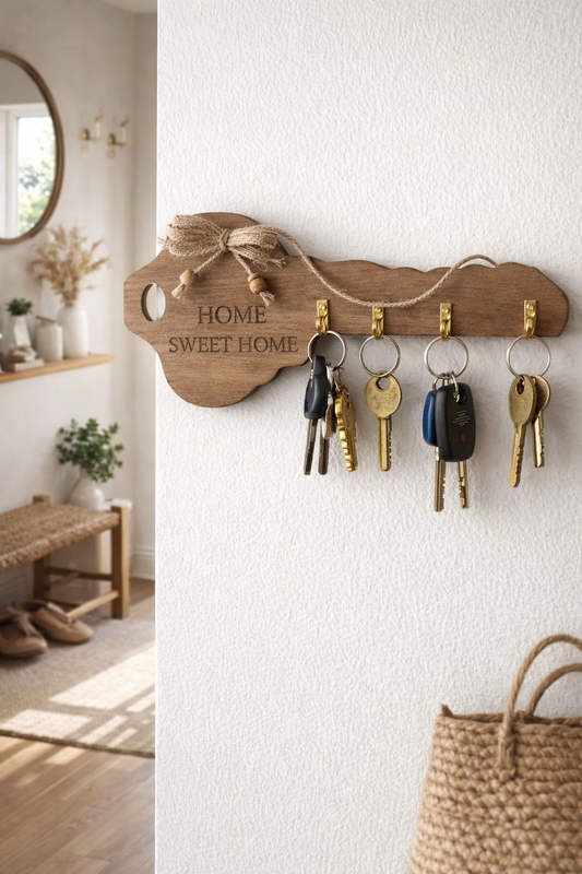 Rustic Wooden “Home Sweet Home” Key Holder – Wall Organizer