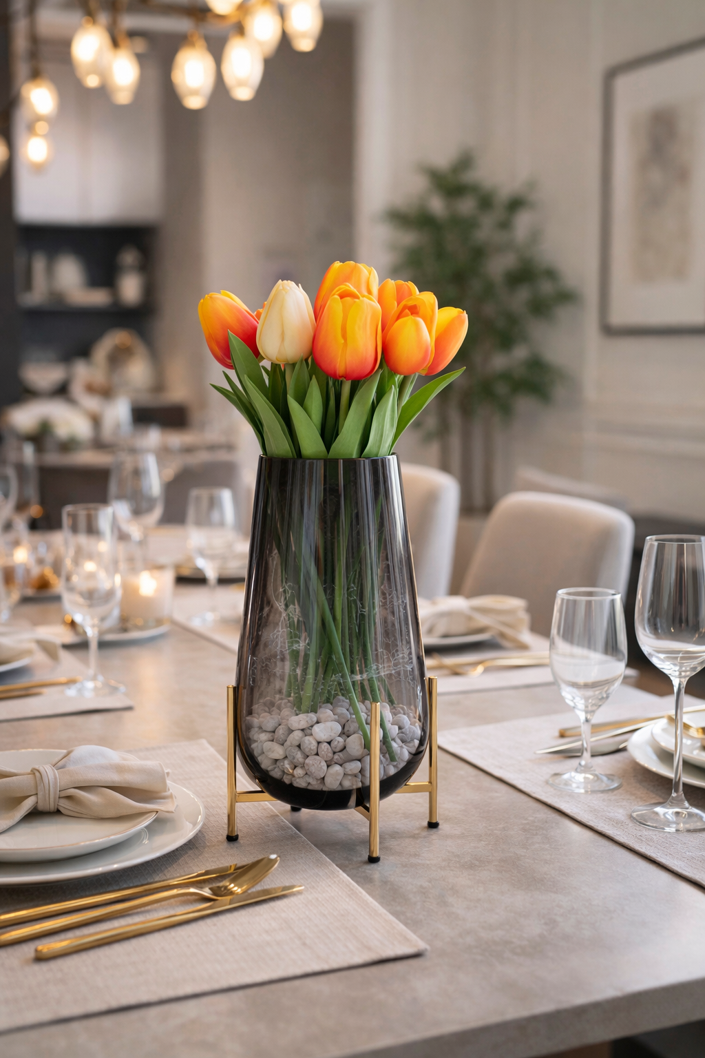 Smoked Glass Vase with Gold Metal Stand – Modern Decorative Flower Vase