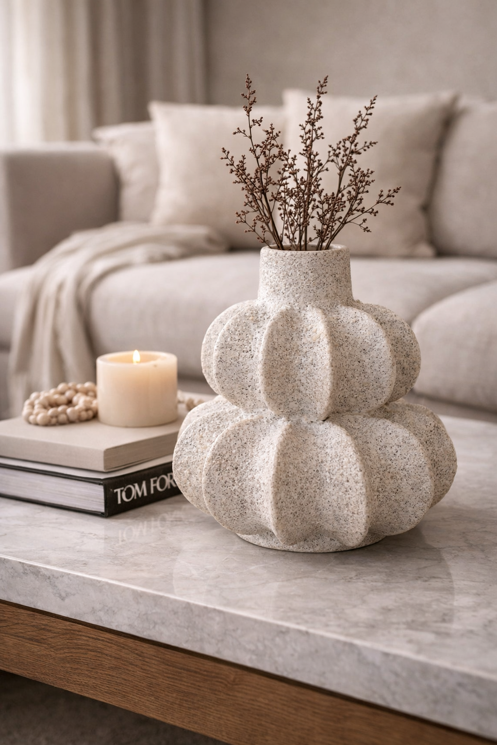 Modern Sculptural Pumpkin Ceramic Vase – Textured Neutral Decorative Vase