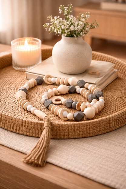 Wooden Bead Tassel Decor – Neutral Boho Table Styling