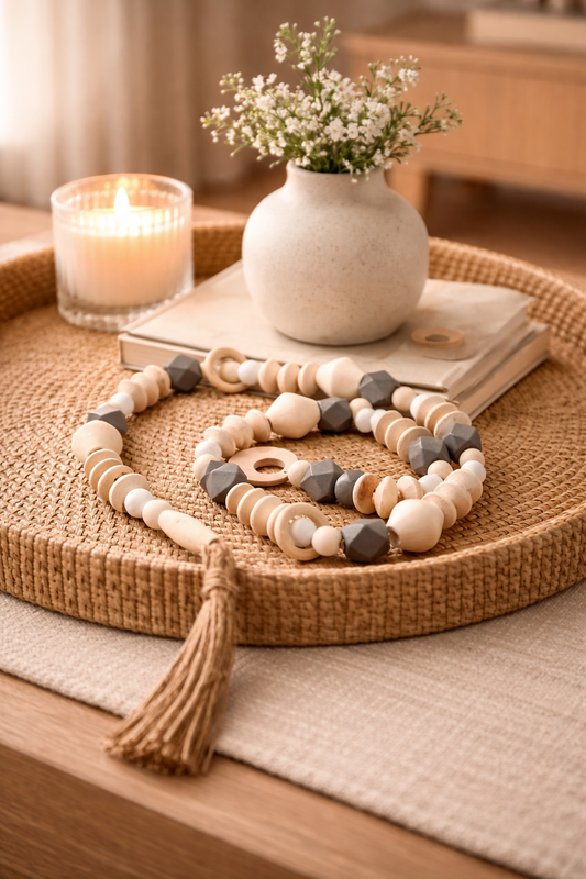 Wooden Bead Tassel Decor – Neutral Boho Table Styling