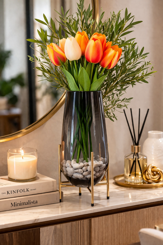 Smoked Glass Vase with Gold Metal Stand – Modern Decorative Flower Vase