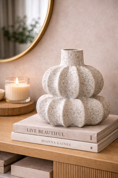 Modern Sculptural Pumpkin Ceramic Vase – Textured Neutral Decorative Vase