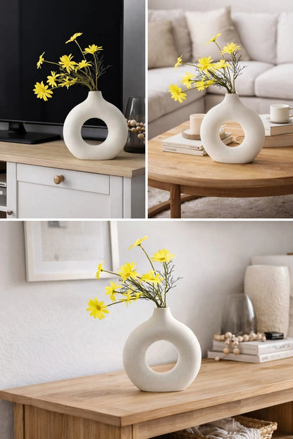 Modern Donut Hollow Ceramic Vase – Minimalist Sculptural Flower Vase
