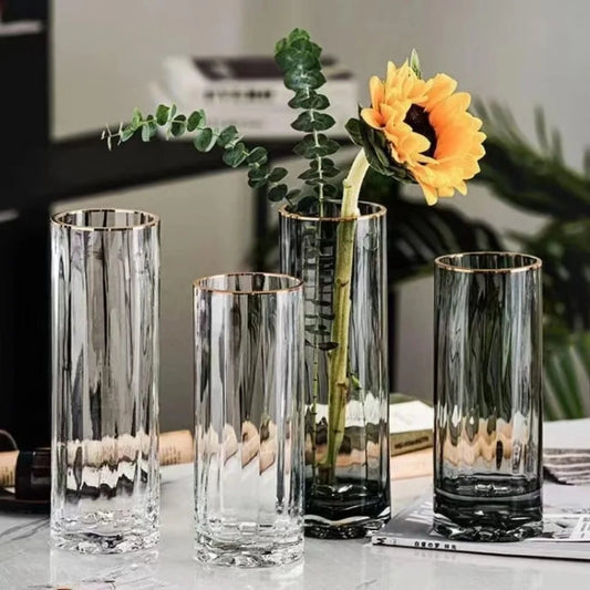 Elegant Ribbed Glass Vase with Gold Rim – Modern Decorative Flower Vase
