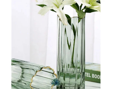 Elegant Ribbed Glass Vase with Gold Rim – Modern Decorative Flower Vase