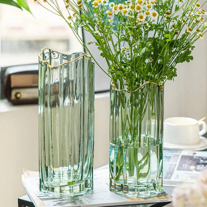 Elegant Ribbed Glass Vase with Gold Rim – Modern Decorative Flower Vase