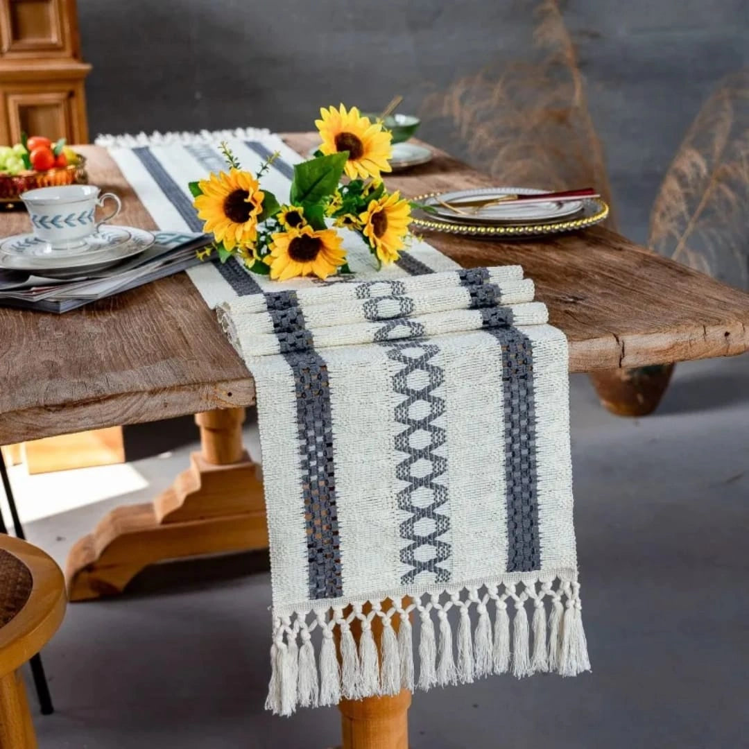 Neutral Woven Table Runner – Grey Geometric Dining Table Decor