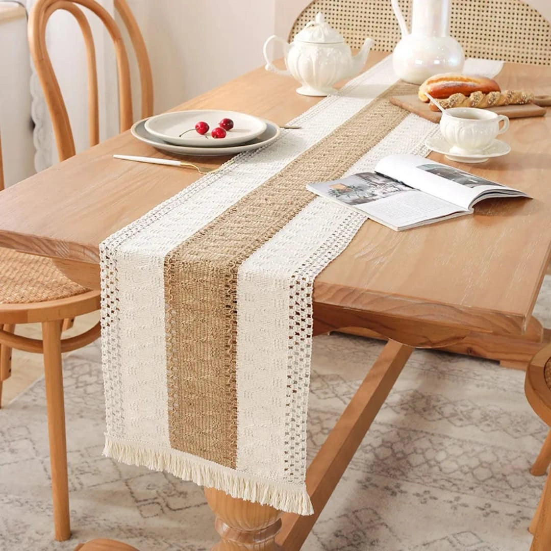 Neutral Woven Table Runner – Grey Geometric Dining Table Decor