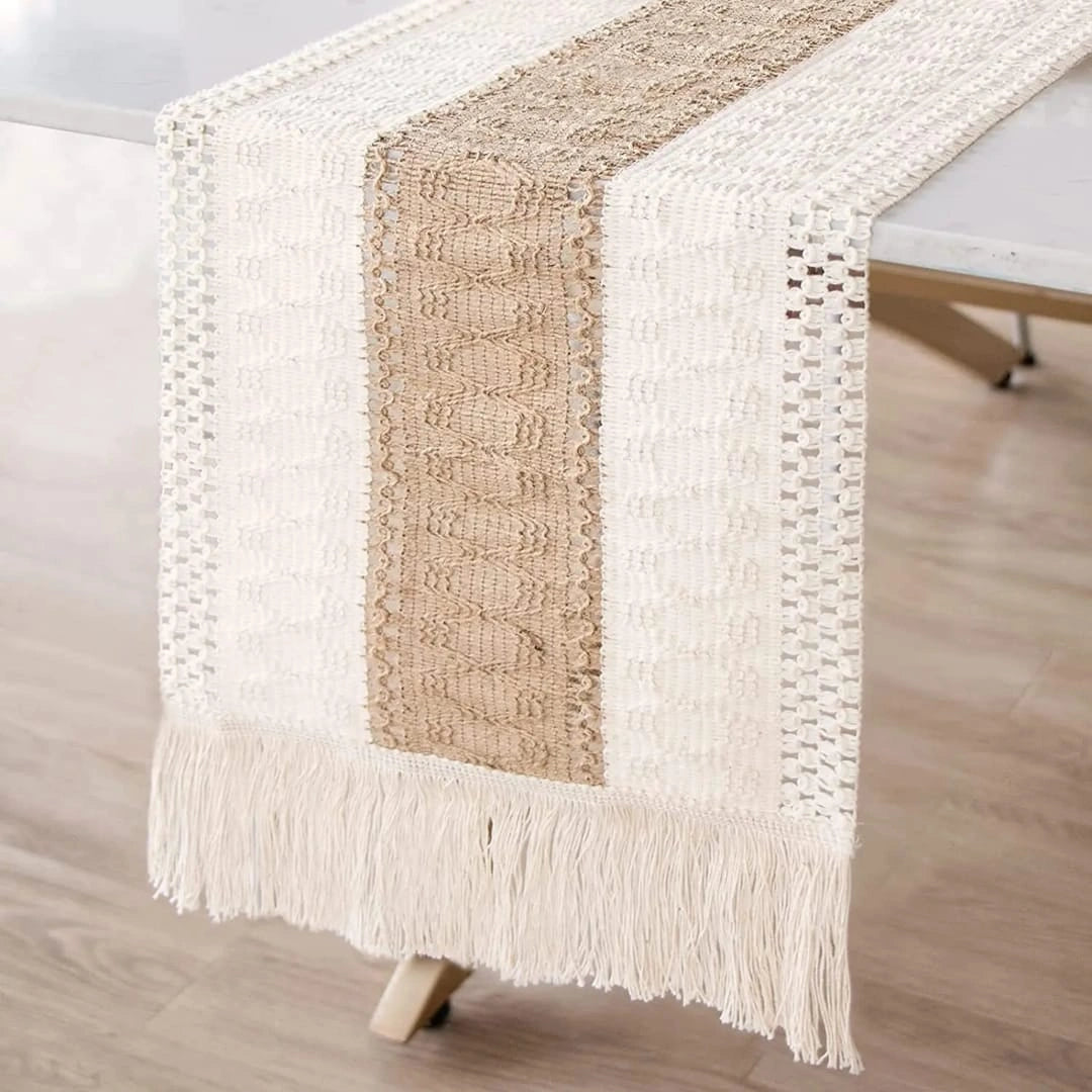 Neutral Woven Table Runner – Grey Geometric Dining Table Decor