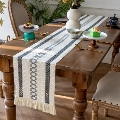 Neutral Woven Table Runner – Grey Geometric Dining Table Decor