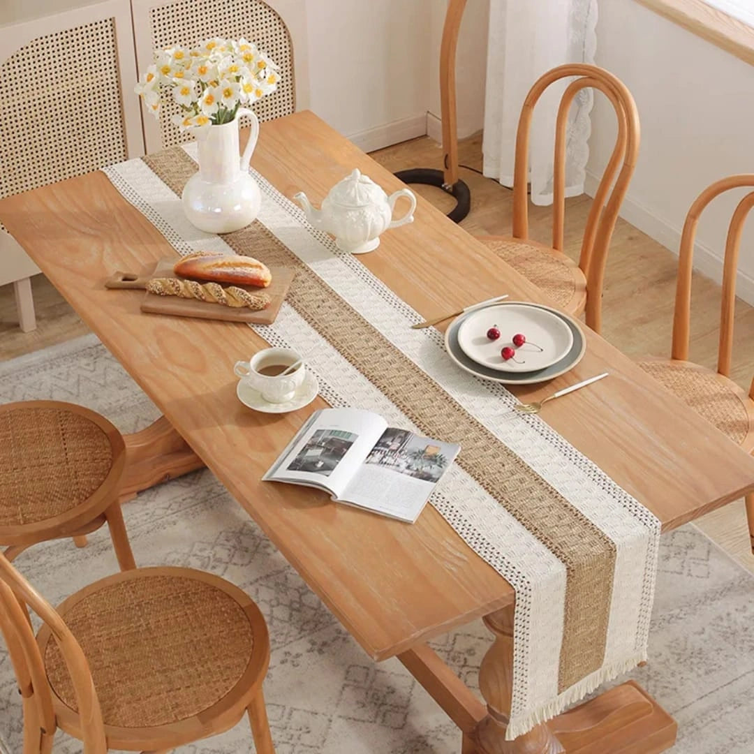 Neutral Woven Table Runner – Grey Geometric Dining Table Decor
