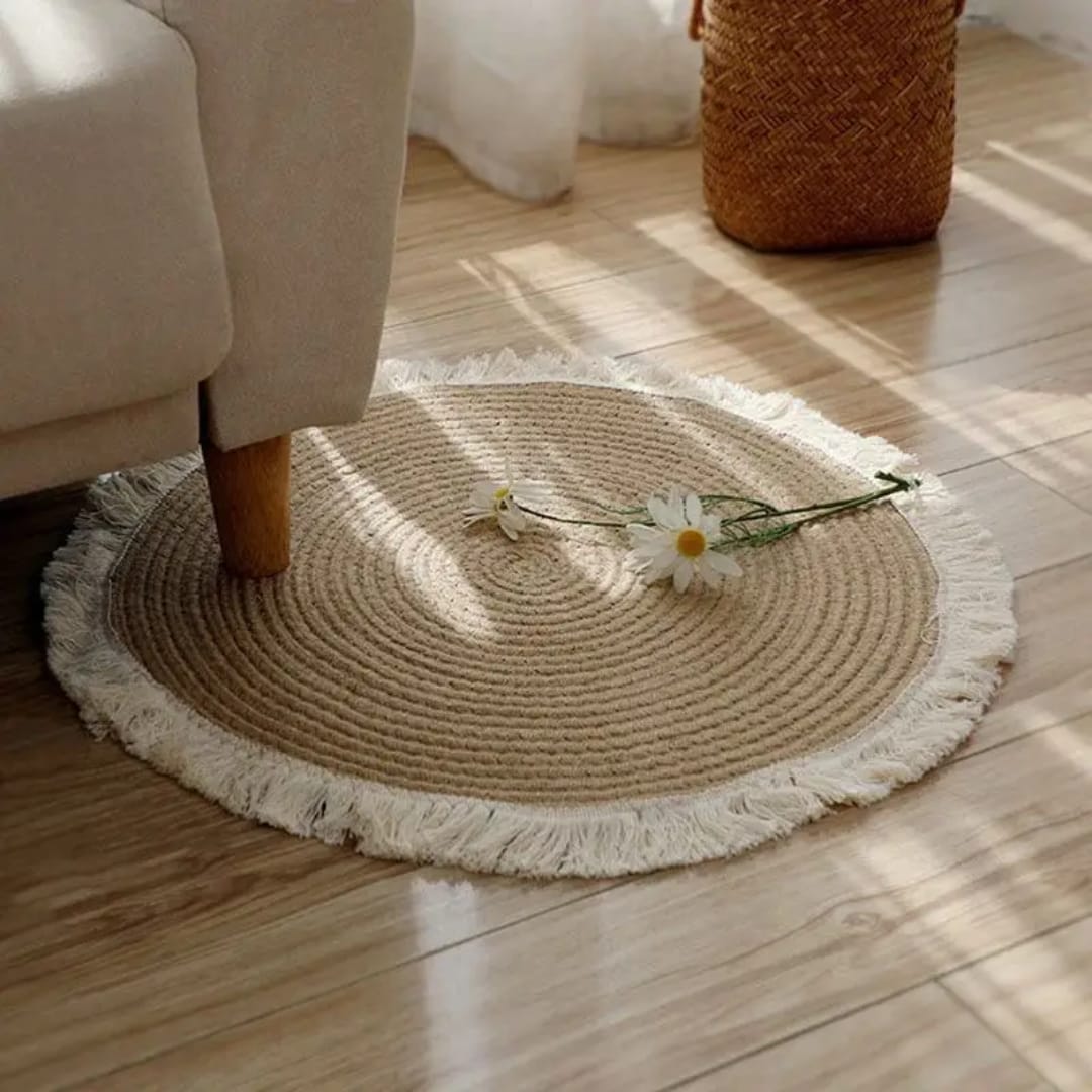 Natural Jute Round Rug with Fringe – Boho Home Decor Carpet