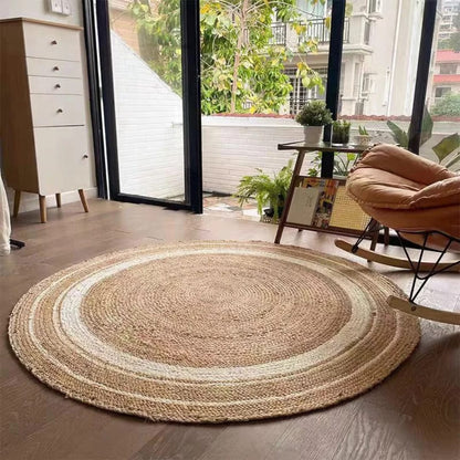 Natural Jute Round Rug with Fringe – Boho Home Decor Carpet