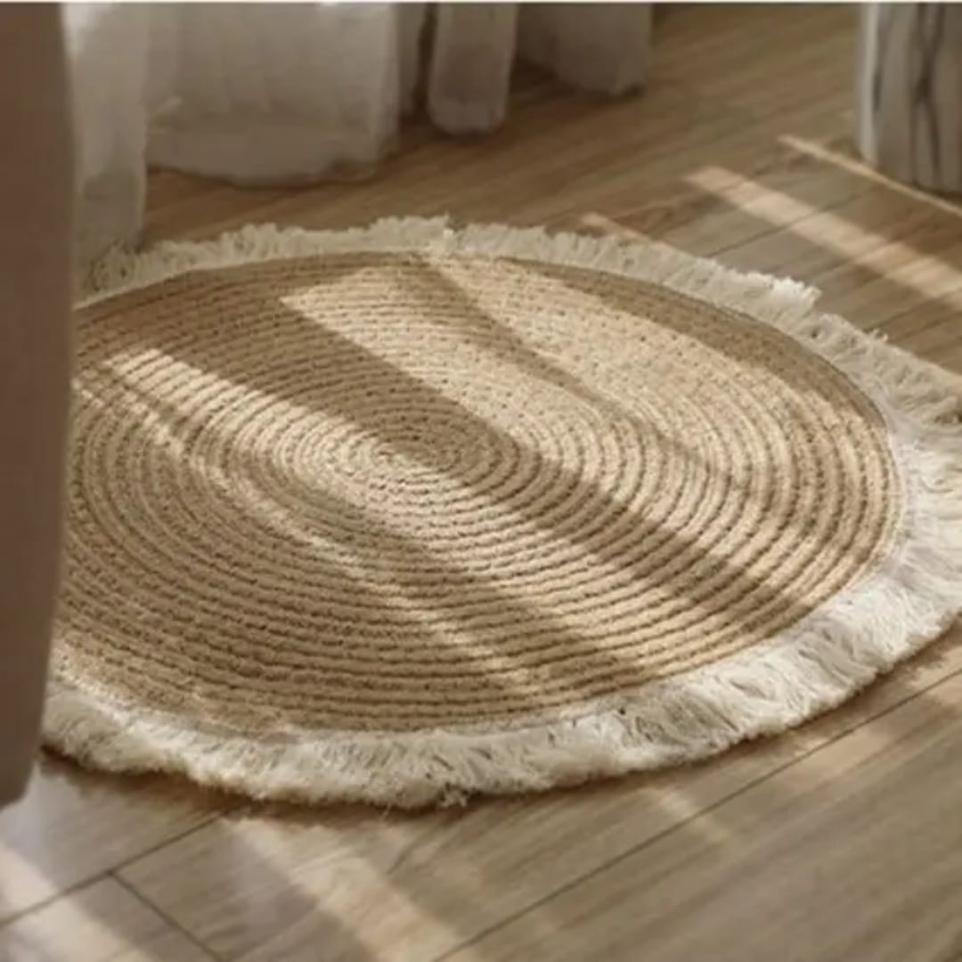 Natural Jute Round Rug with Fringe – Boho Home Decor Carpet