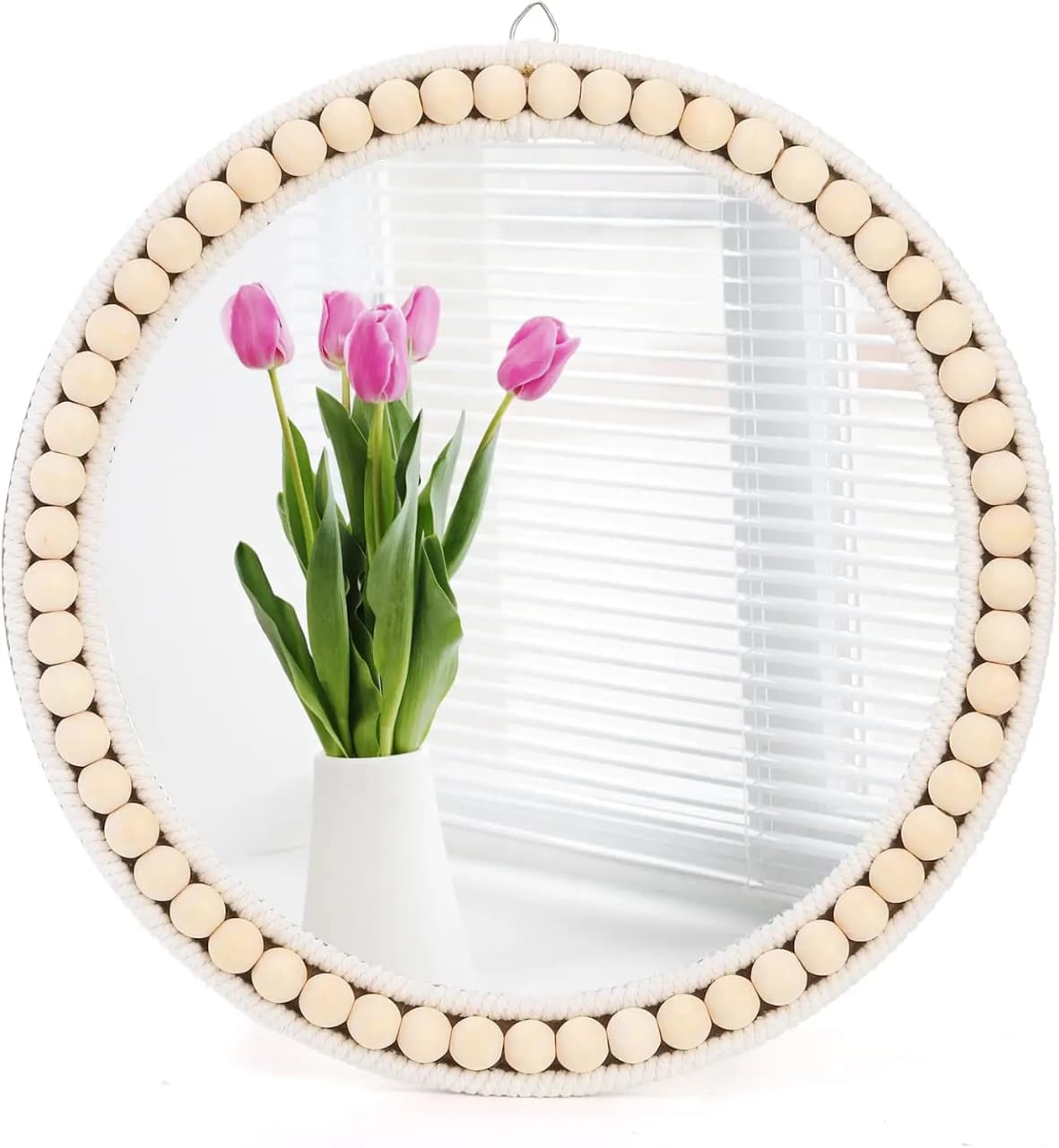 Round Boho Wall Mirror with Wooden Bead Frame – Home Decor