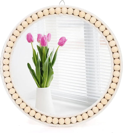 Round Boho Wall Mirror with Wooden Bead Frame – Home Decor