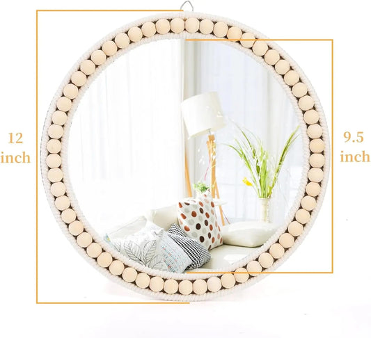 Round Boho Wall Mirror with Wooden Bead Frame – Home Decor