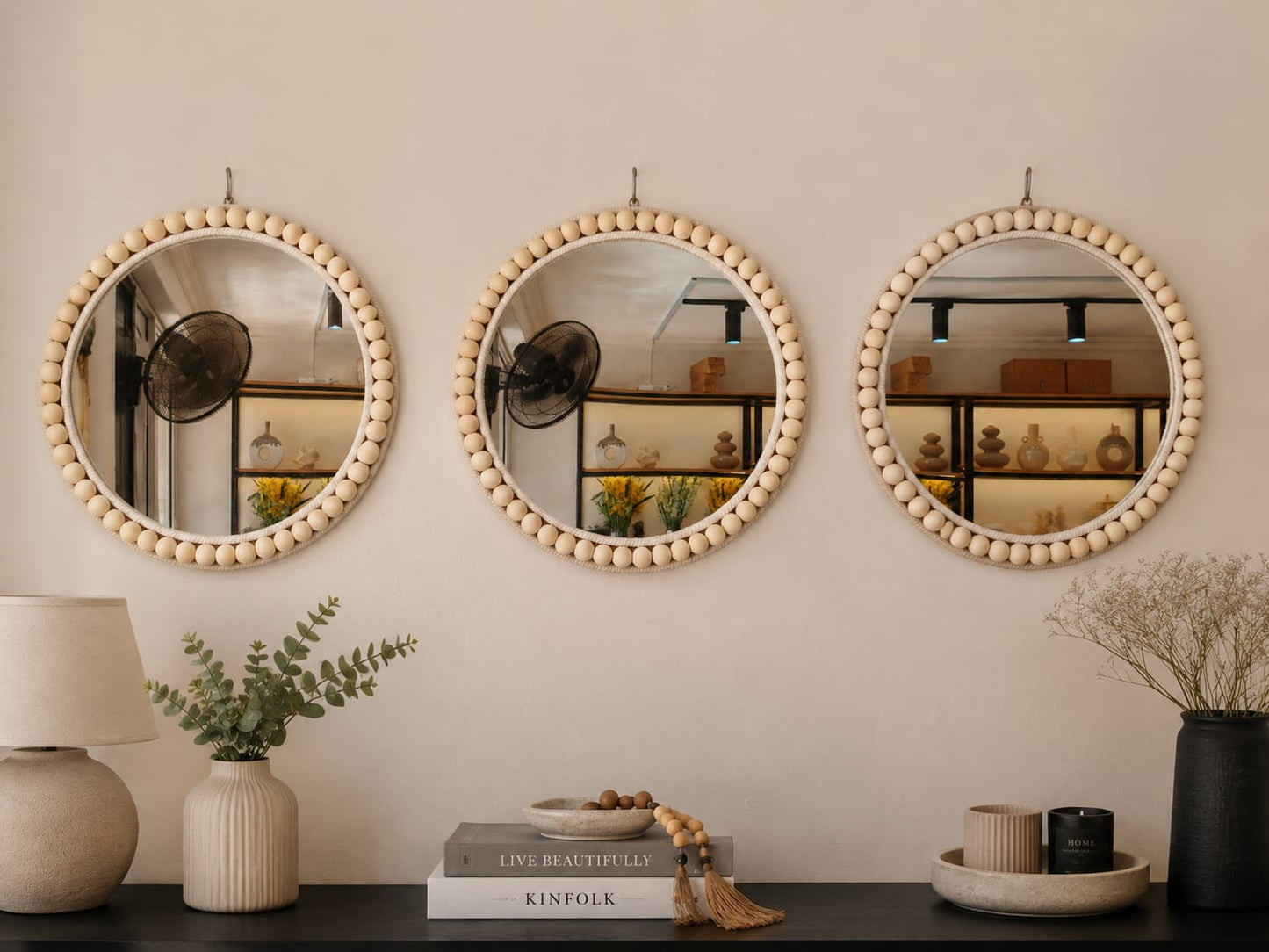 Round Boho Wall Mirror with Wooden Bead Frame – Home Decor