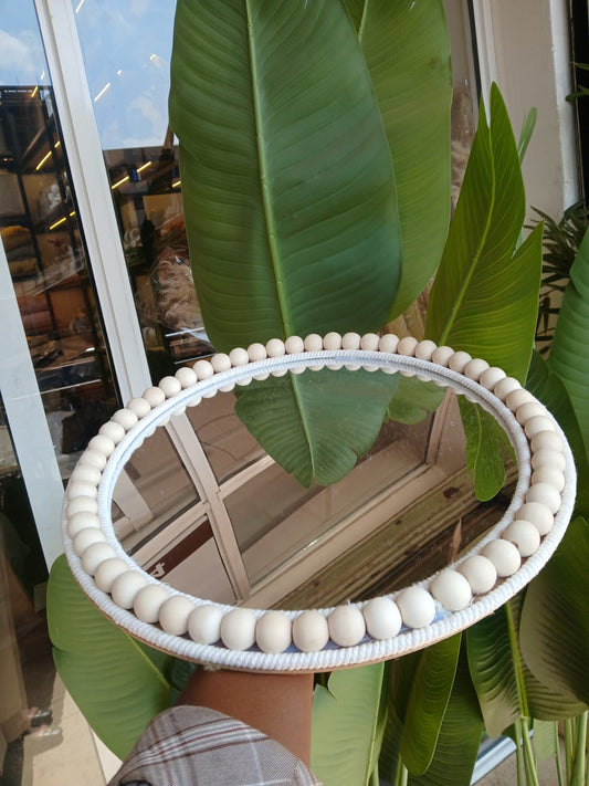 Round Boho Wall Mirror with Wooden Bead Frame – Home Decor