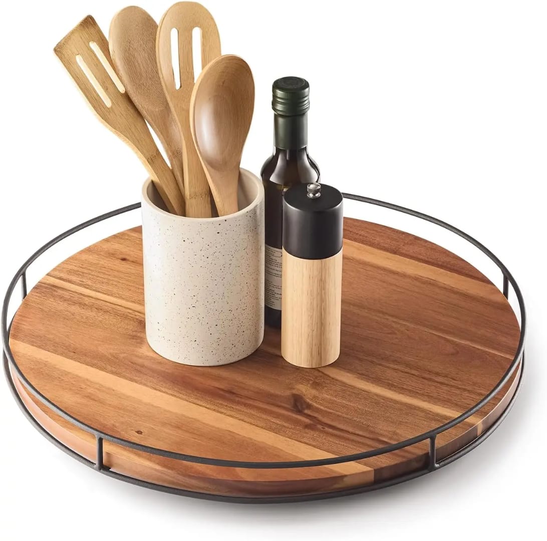 Round Wooden Serving Tray with Metal Rail – Modern Home Decor