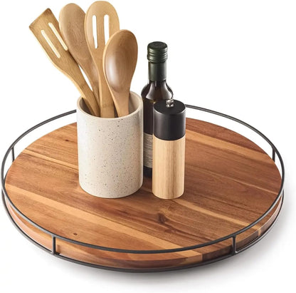 Round Wooden Serving Tray with Metal Rail – Modern Home Decor