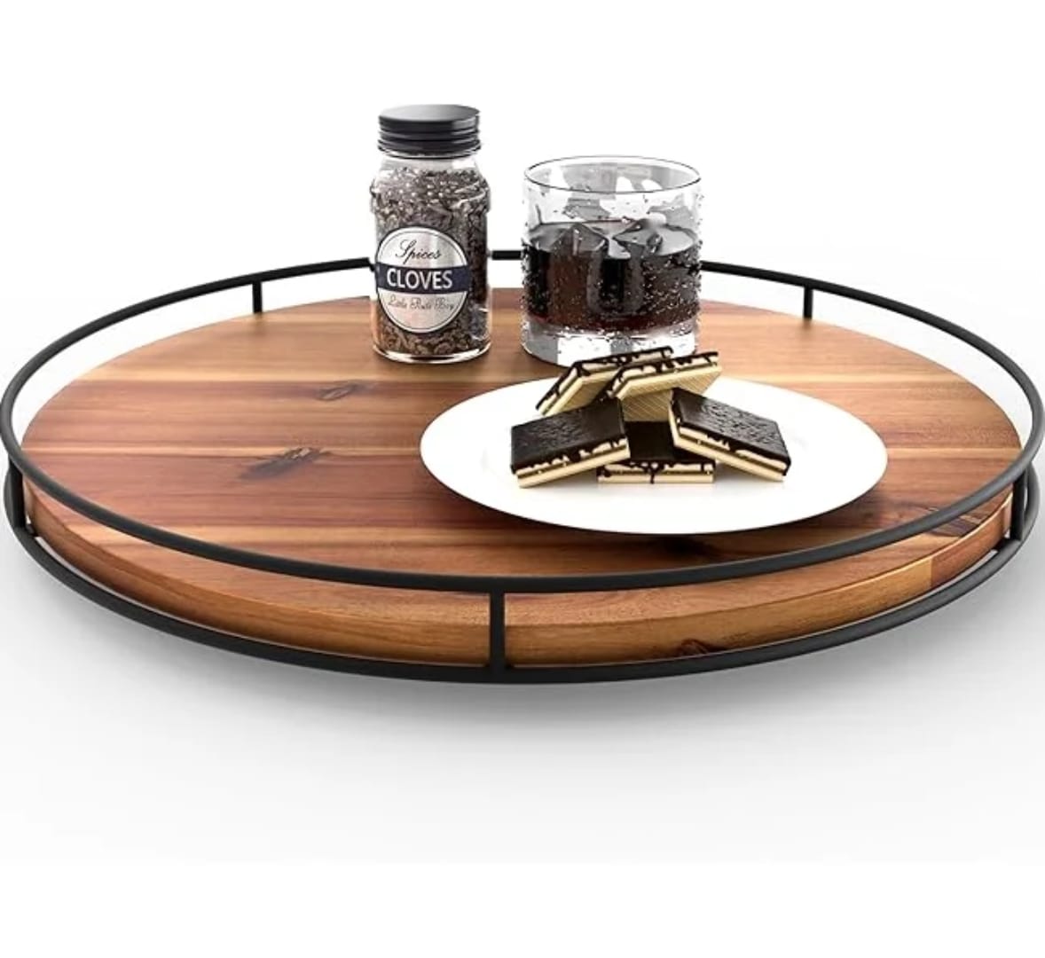 Round Wooden Serving Tray with Metal Rail – Modern Home Decor