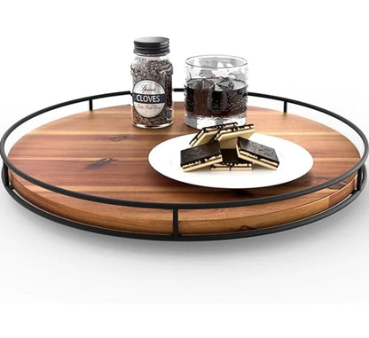 Round Wooden Serving Tray with Metal Rail – Modern Home Decor