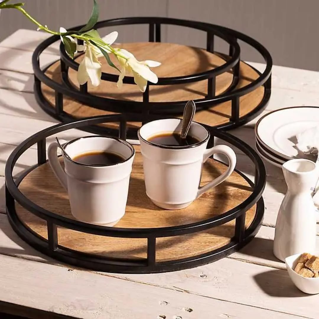 Round Wooden Serving Tray with Metal Rail – Modern Home Decor