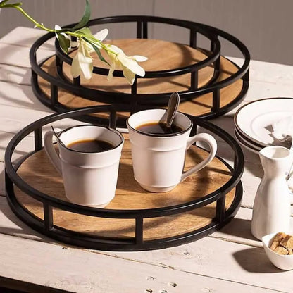 Round Wooden Serving Tray with Metal Rail – Modern Home Decor