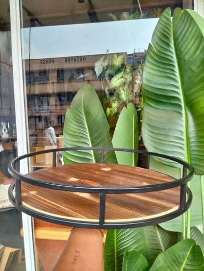 Round Wooden Serving Tray with Metal Rail – Modern Home Decor
