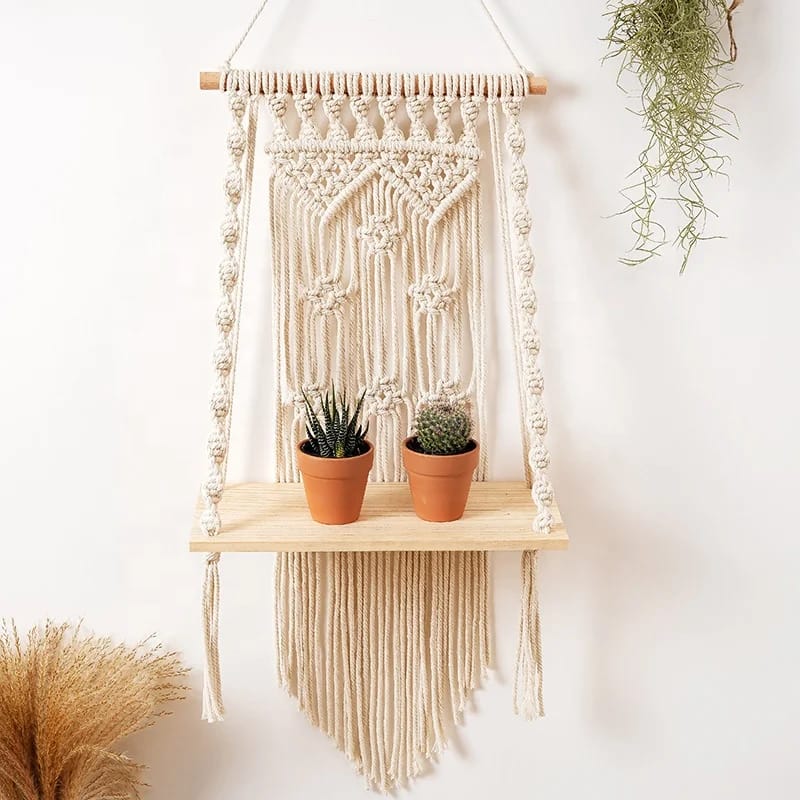 Boho Macrame Hanging Shelf – Woven Wall Decor & Display Shelf
