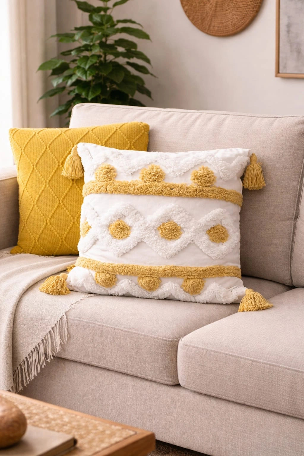 Mustard Tufted Decorative Throw Pillow Cover with Tassels – Modern Accent Cushion