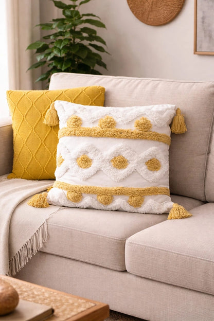 Mustard Tufted Decorative Throw Pillow Cover with Tassels – Modern Accent Cushion