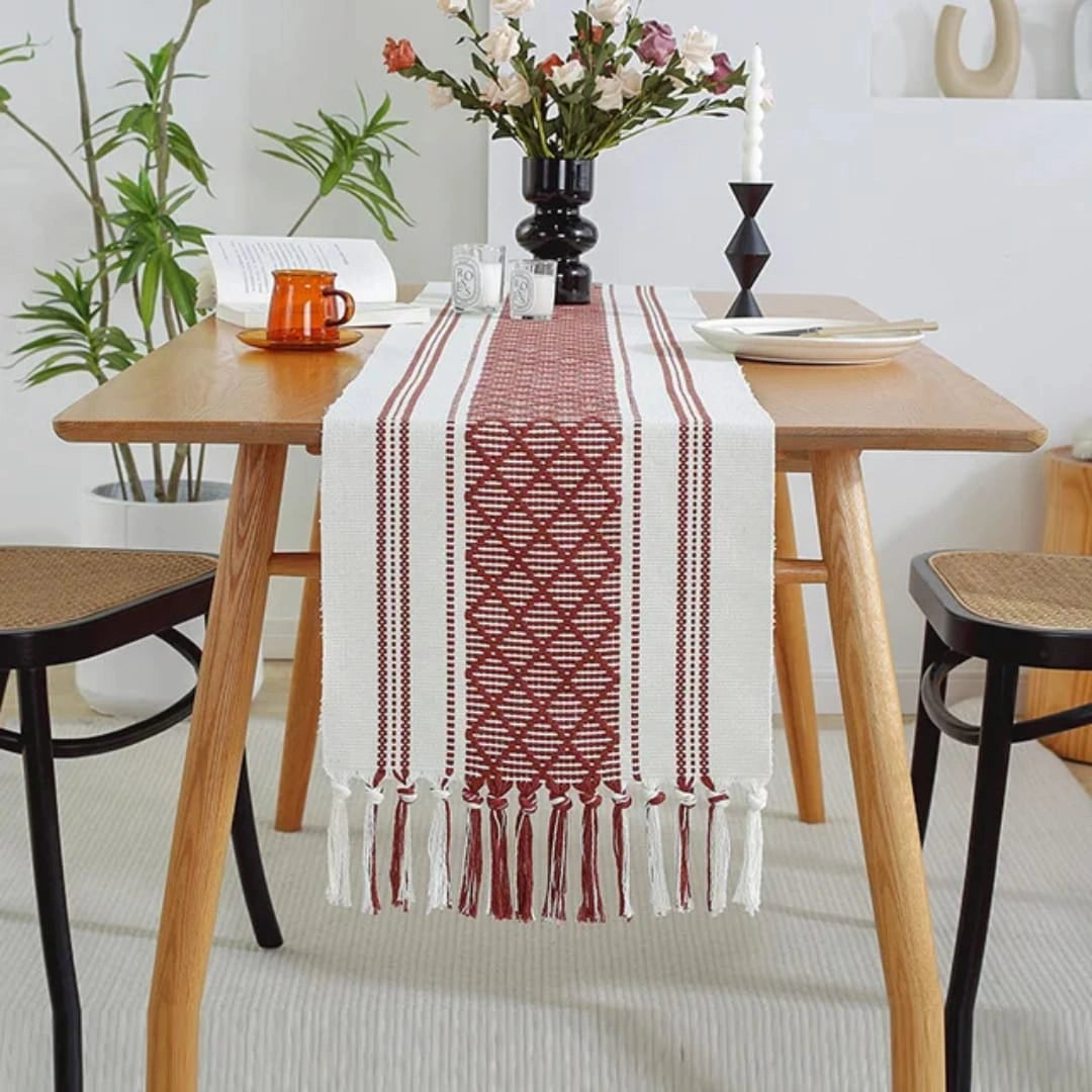 Boho Tassel Table Runner – Red Pattern Dining Table Decor