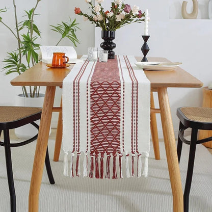 Boho Tassel Table Runner – Red Pattern Dining Table Decor